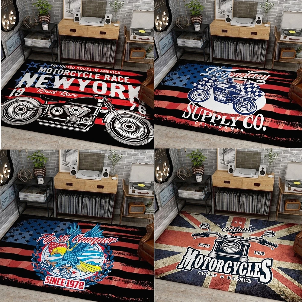

Motorcycle Rider Retro Industrial Style Carpet Rugs Soft Anti-slip Suction Floor Mat Home Hotel Bedroom Prayer Parlor Blanket