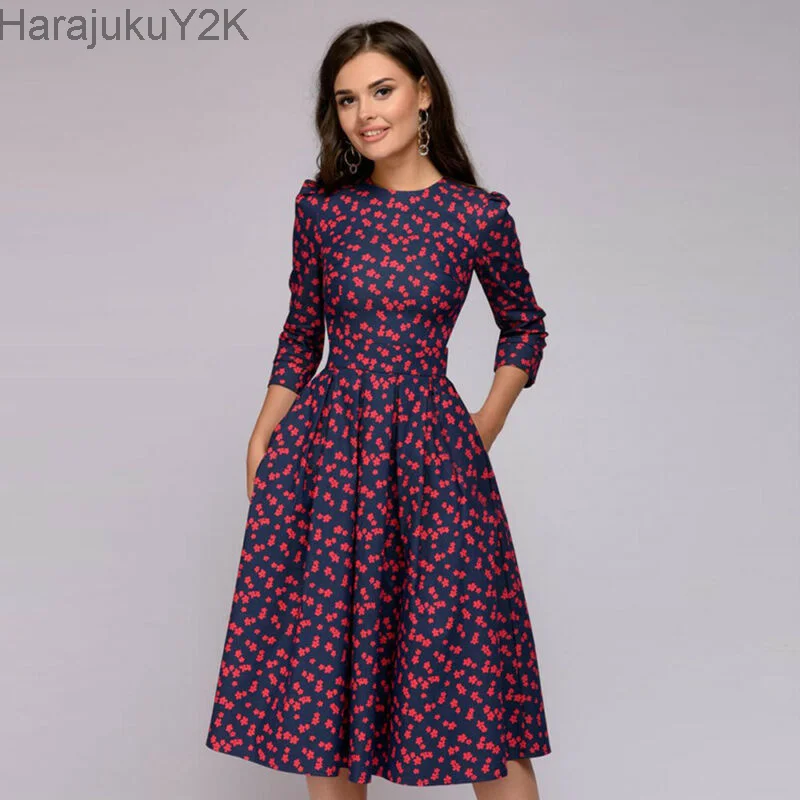 

Women Retro Tunic 3/4 Long Sleeved Floral Print Bodycon Dresses Vintage Dress Elegant Ladies Dress