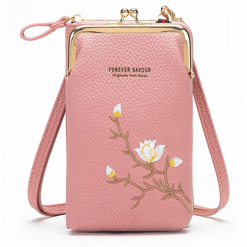 New Women Leather Mobile Phone Single Shoulder Bags Ladies Pure Color Flower Pattern Purse Female Large Capacity Messenger Bag