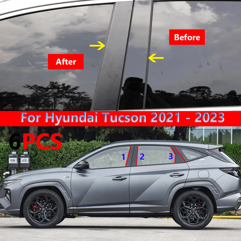 

6Pcs Car Door Window Pillar Posts Trim Covers Stickers Glossy Black for Hyundai Tucson NX4 2021 2022 2023 accessories