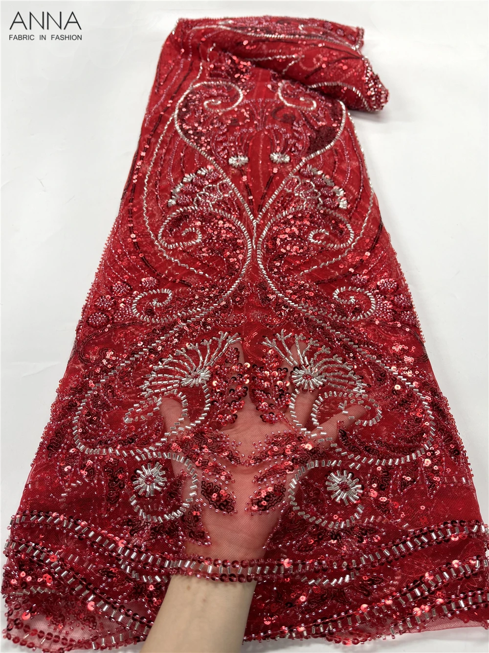 

African Handmade Beaded Lace Fabric Wedding Evening Party Dress Material French Lace Fabric Nigerian Lace Fabric For Sewing