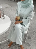 3 piece matching muslim sets nida abayas for women dubai hijab dress open abaya kimono islam turkey outfit wrap front maxi skirt