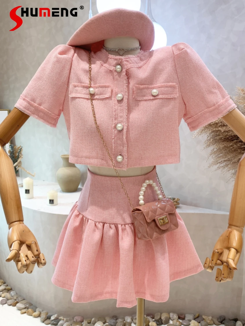 

2022 Summer New Elegant Sweet Heavy Industry Button Slimming Tops Fashionable High Waist Anti-Exposure Short Skirt Two-Piece Set