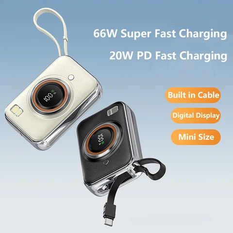 66 Вт Power Bank с быстрой зарядкой 10000 мАч Портативное зарядное устройство Powerbank с кабелем PD20W Type C для iPhone 16 15 Запасной аккумулятор Samsung