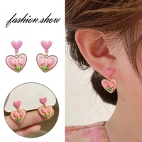 925 silver needles pink tulip heart earrings for women cute heart drop earrings pearl temperament ear studs party wedding gifts