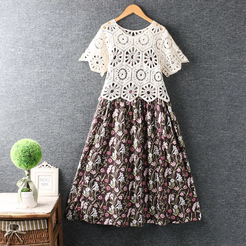 

Summer Clothing New Women's Clothing Japanese Small Fresh Hollow Blouse Cotton and Linen Floral Two-piece Sling Loose Dress