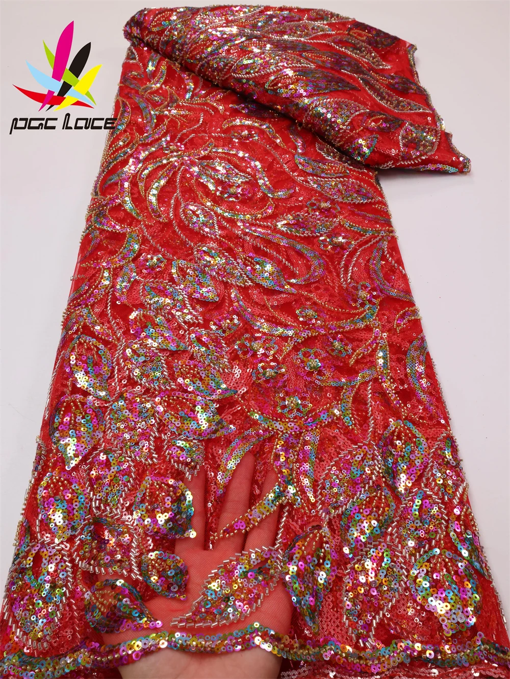

PGC Red African Sequins Groom Lace Fabric French Mesh Laces 2022 High Quality Lace Nigerian Lace Fabrics For Party Dress LY746-6