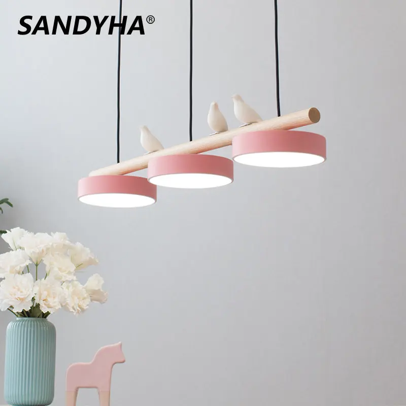 

Macarons 3 Heads Led Hanging Pendant Lamps Iron Solid Wood Dining Room Bedroom Salon Kitchen Indoor Lighting Nordic Modern