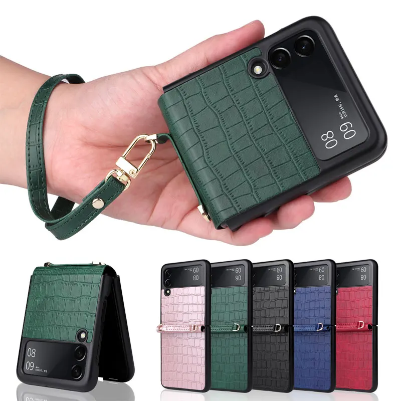 

Z Flip 4 SM-F7210 Wrist Strap Phone Case for Samsung Galaxy Z Flip 3 5G SM-F7110 PU Leather Protect Slim Back Cover with Lanyard