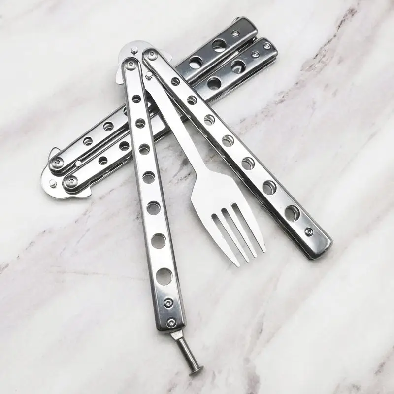 

Metal Folding Balisong Spoon Fork Butterfly Knife Game Safety Practice Tableware kitchen utensils