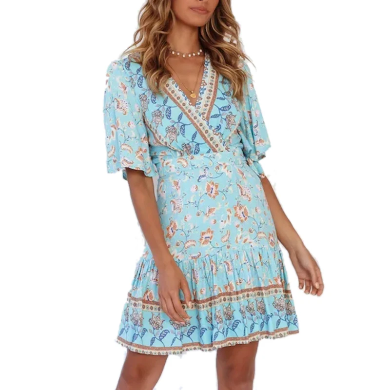 

Women Short Sleeve Wrap Boho Floral Mini Dress Ladies Summer Sundress Holiday V neck Beach Print Dresses Blue Sash Dress XL