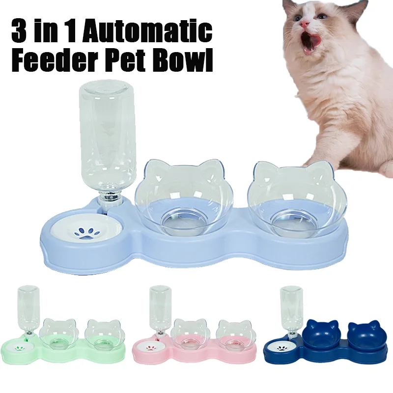 

3-in-1 Dog Cat Food Bowl With Water Fountain Double Bowl Drinking Raised Stand Dish Bowls For Cat Bowl Automatic Feeder