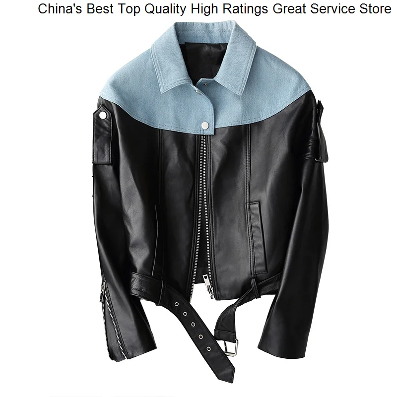 

Genuine Official Lady Trench Hwitex Denim Jacket Top Layer Real Leather Clothes For Women HW3119