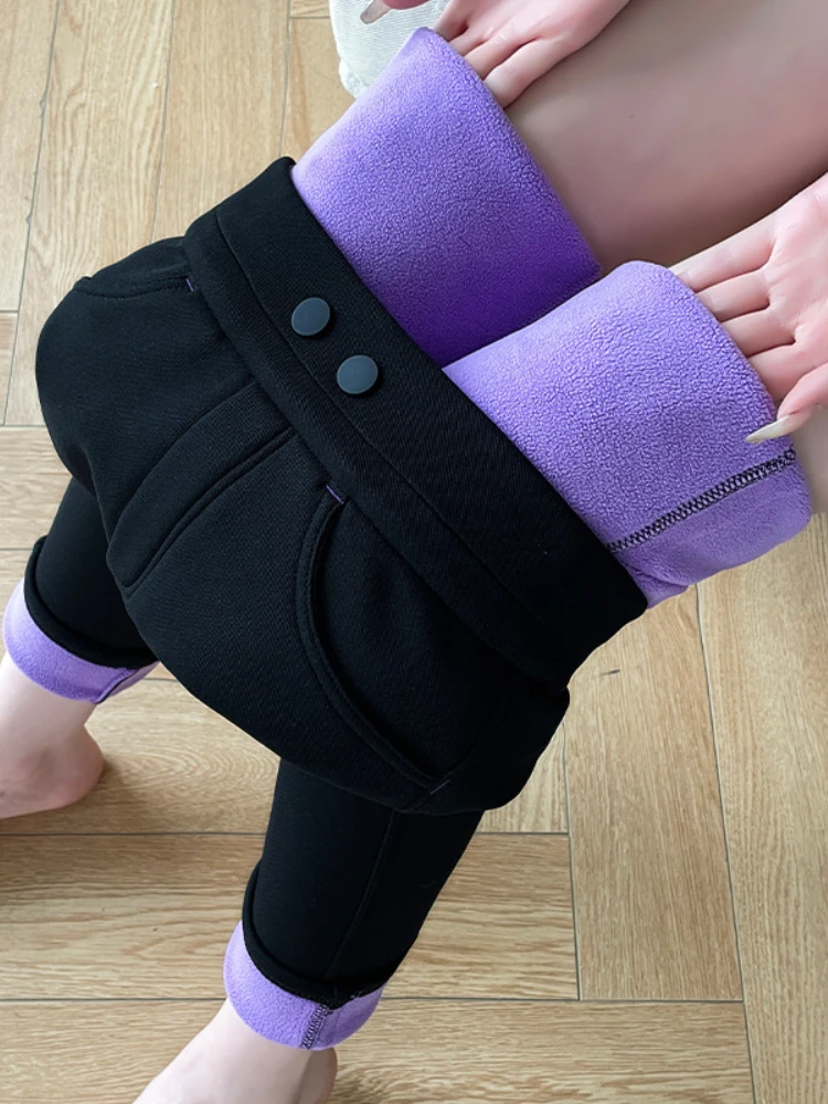 

Леггинсы женские плюшевые с завышенной талией, теплые облегающие черные повседневные однотонные плотные брюки, фиолетовый цвет, на осень и зиму