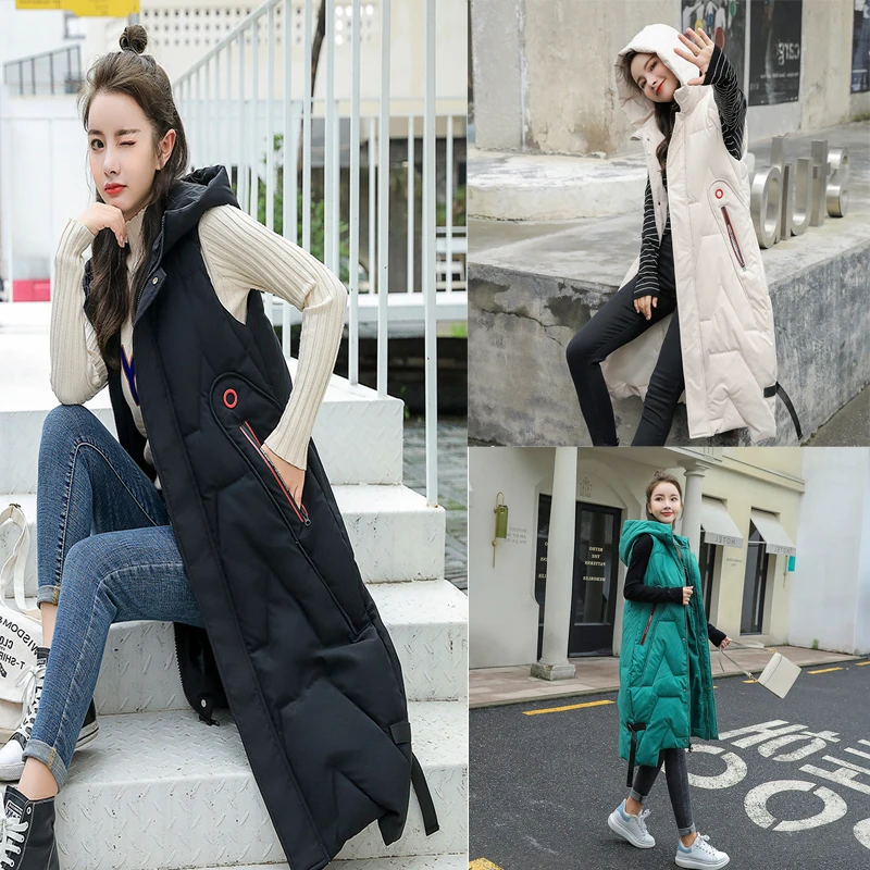Women's Solid Sleeveless Vest Long Down Cotton Jacket Hooded Padded Vests Females Winter Fashion Casual Loose Quilted Waistcoat
