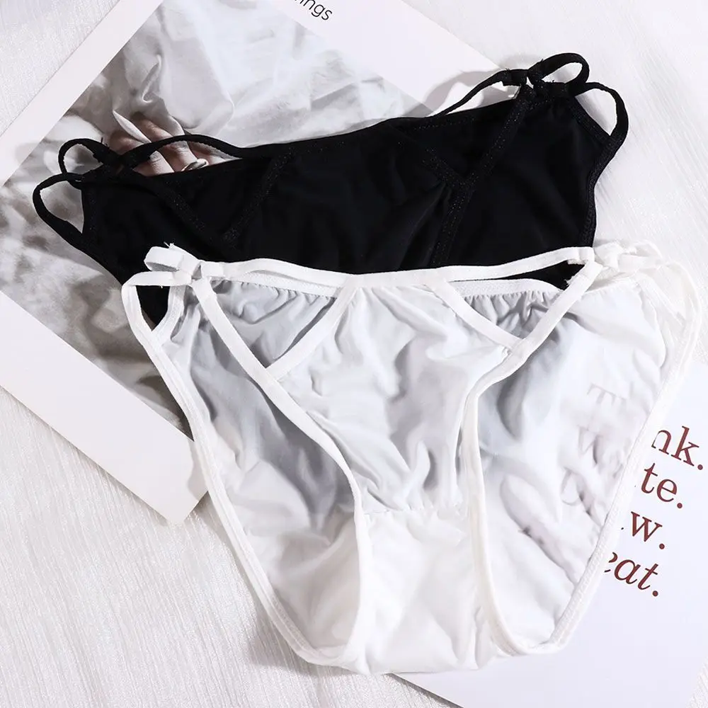 

Solid Color Low-waist Adjustable Underwear Retro Ice silk Daily Modern Cotton Crotch G-string Seamless Female Hollow Bikini