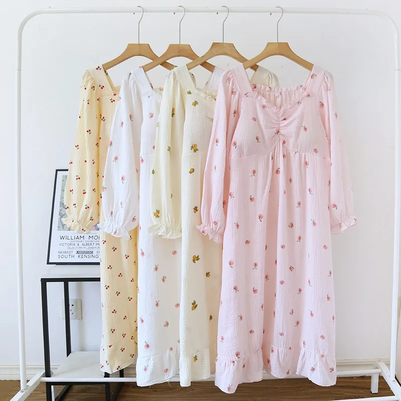 

Spring Korean Style Loose Nightdress Women Sweet V-neck With Chest Pad Nightgown Japanese Thin Bathrobe Long Sleeve Pajamas