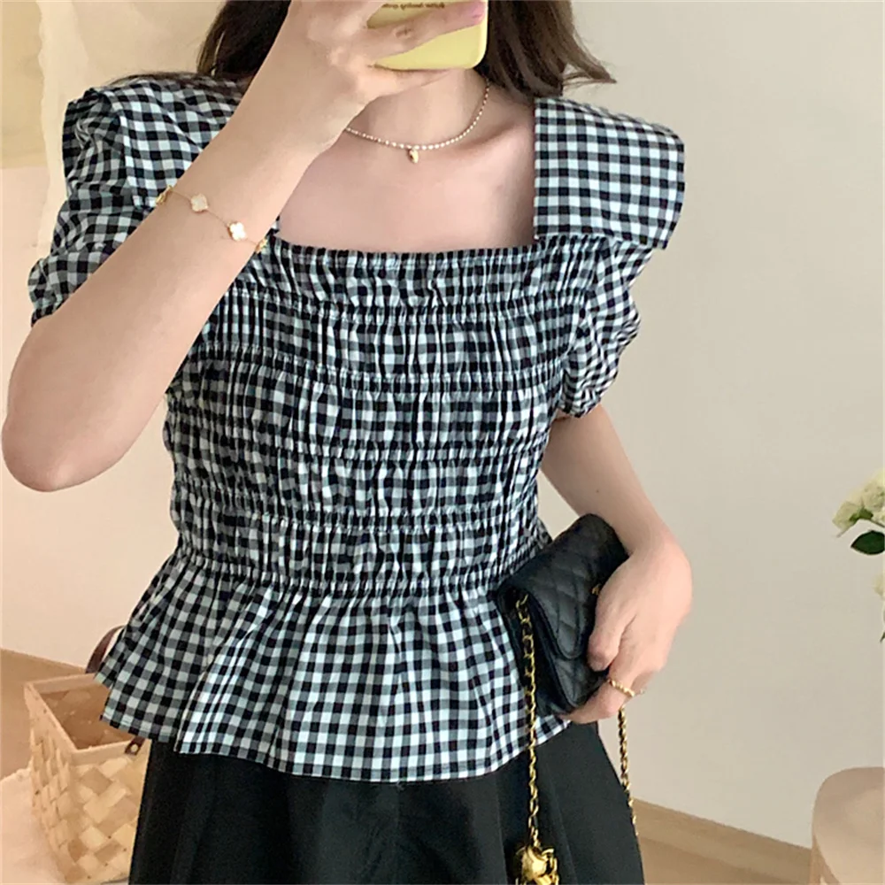 

HziriP 2022 OL Retro Plaid Blouses Elastic Lapel Women Hot Slim Summer Work Wear Sweet New Arrival Fashion Office Lady Blusas