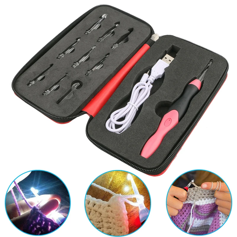 

Dreamburgh 11 in 1 DIY USB Light Up Crochet Hooks Knitting Needles LED Hand Knitting Set Weave Tool Kit Sewing Accessories Tools