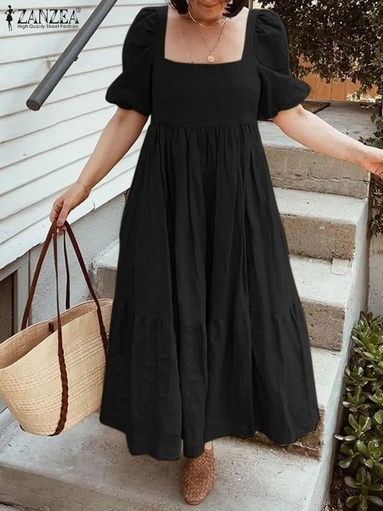 

ZANZEA Holiday Tiered Vestidos Puff Short Sleeve Elegant Robes Square Neck Women Midi Dress Solid Casual A-line Party Dresses
