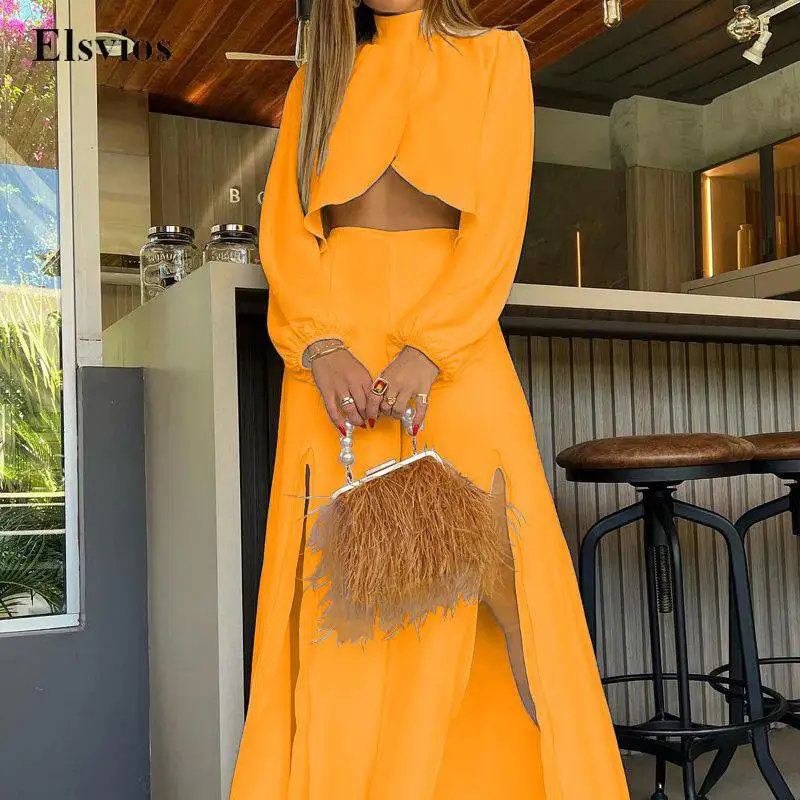

Spring Autumn Casual Women Set Solid Elegant Turtleneck Crop Tops Outfits Fashion Long Sleeve Shirt + Sexy Slit Long Skirt Suits