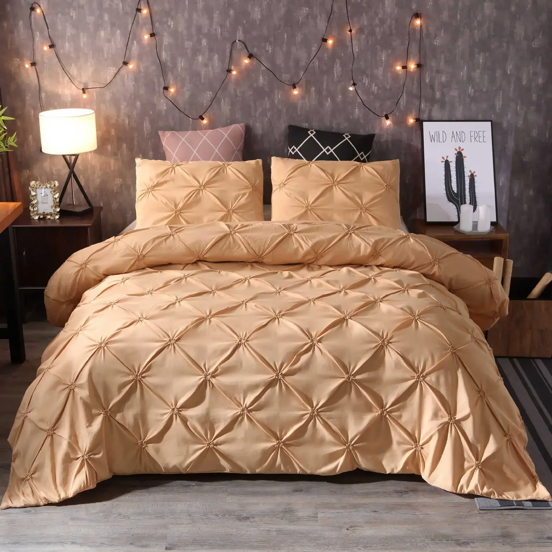 

Set 3 PCS Gold Pintuck Quilt cover Pillowcases Bedding Sets for Bed include sheets twin full Queen Size duvet cover set