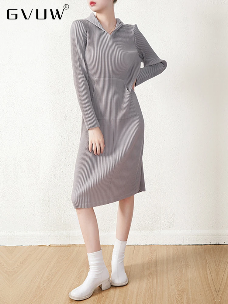 

Женское плиссированное платье средней длины GVUW, с капюшоном и карманами, с длинным рукавом, новая осенняя Свободная Повседневная модная оде...