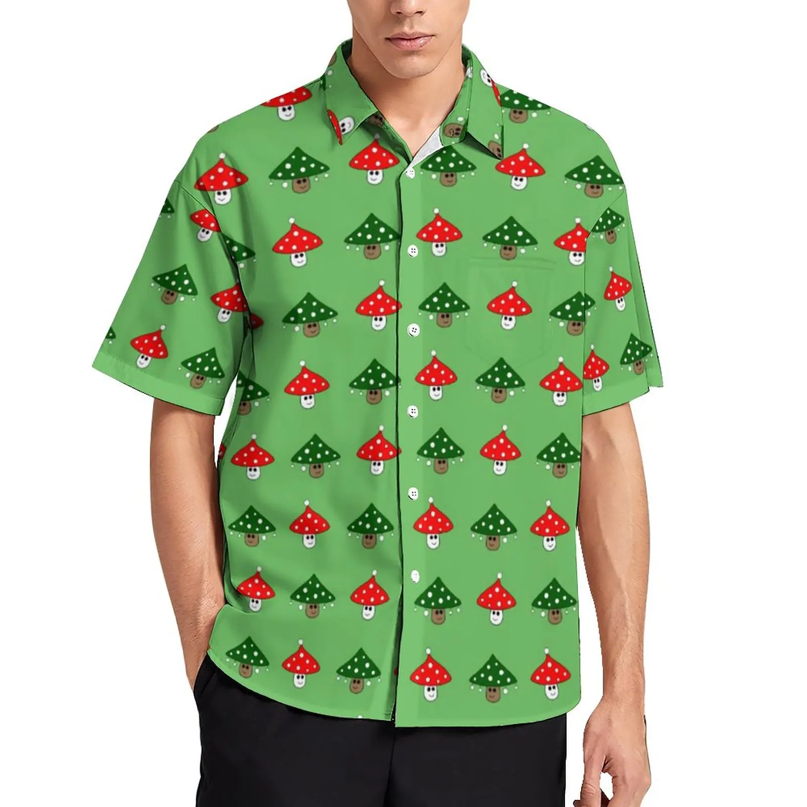 

Green Festive Mushrooms Vacation Shirt Cute Mushroom Print Hawaiian Casual Shirts Man Funny Blouses Short-Sleeved Custom Tops