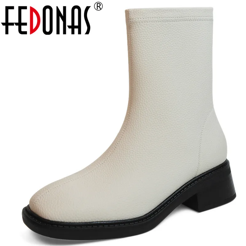 

FEDONAS Concise Fashion Women Ankle Boots Office Ladies Square Toe Thick Heels Genuine Leather Shoes Woman Autumn Winter Classic