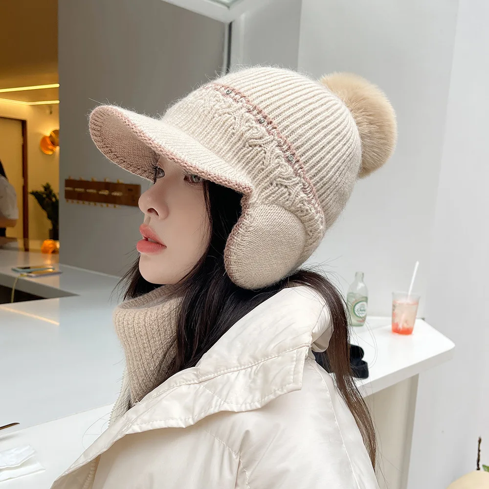 

Брендовые зимние вязаные шапки, Женская плотная Теплая Шапка-бини, женские вязаные шапки с ушками, модные уличные ветрозащитные Лыжные шапк...