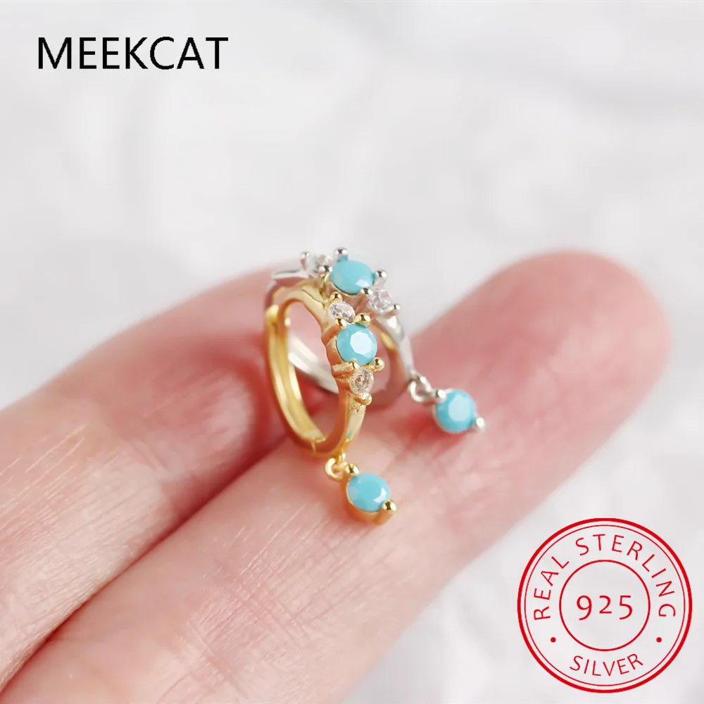 Blue Color Turquoises Stone Hoop Earrings for Women 925 Sterling Sliver Hanging Hoops New Drop Charms
