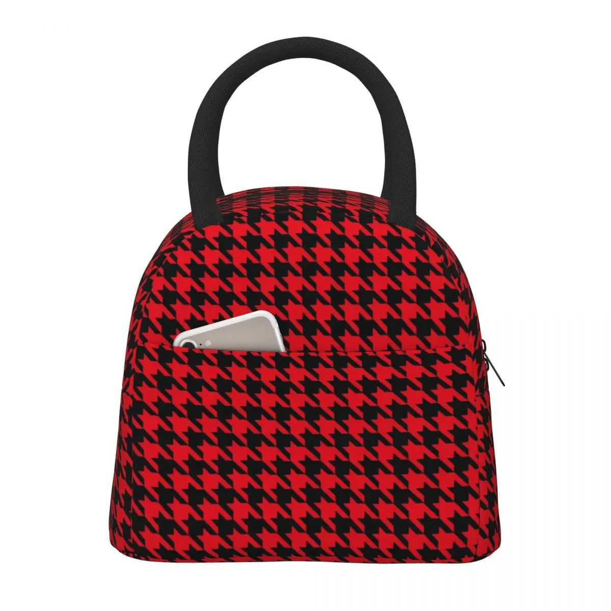 

Vintage Houndstooth Lunch Bag Black and Red Portable Lunch Box Outdoor Picnic Cooler Bag Retro Waterproof Thermal Tote Handbags