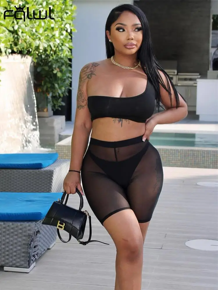 

FQLWL Summer Sexy 2 Two Piece Sets Women Outfits 2022 Sleeveless Crop Top Bodycon See Through Mesh Shorts Black Matching Sets