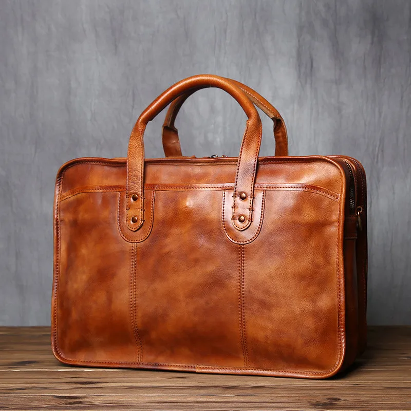 

Retro business genuine leather men's high-capacity briefcase work multi-compartment handbag real cowhide shoulder messenger bag