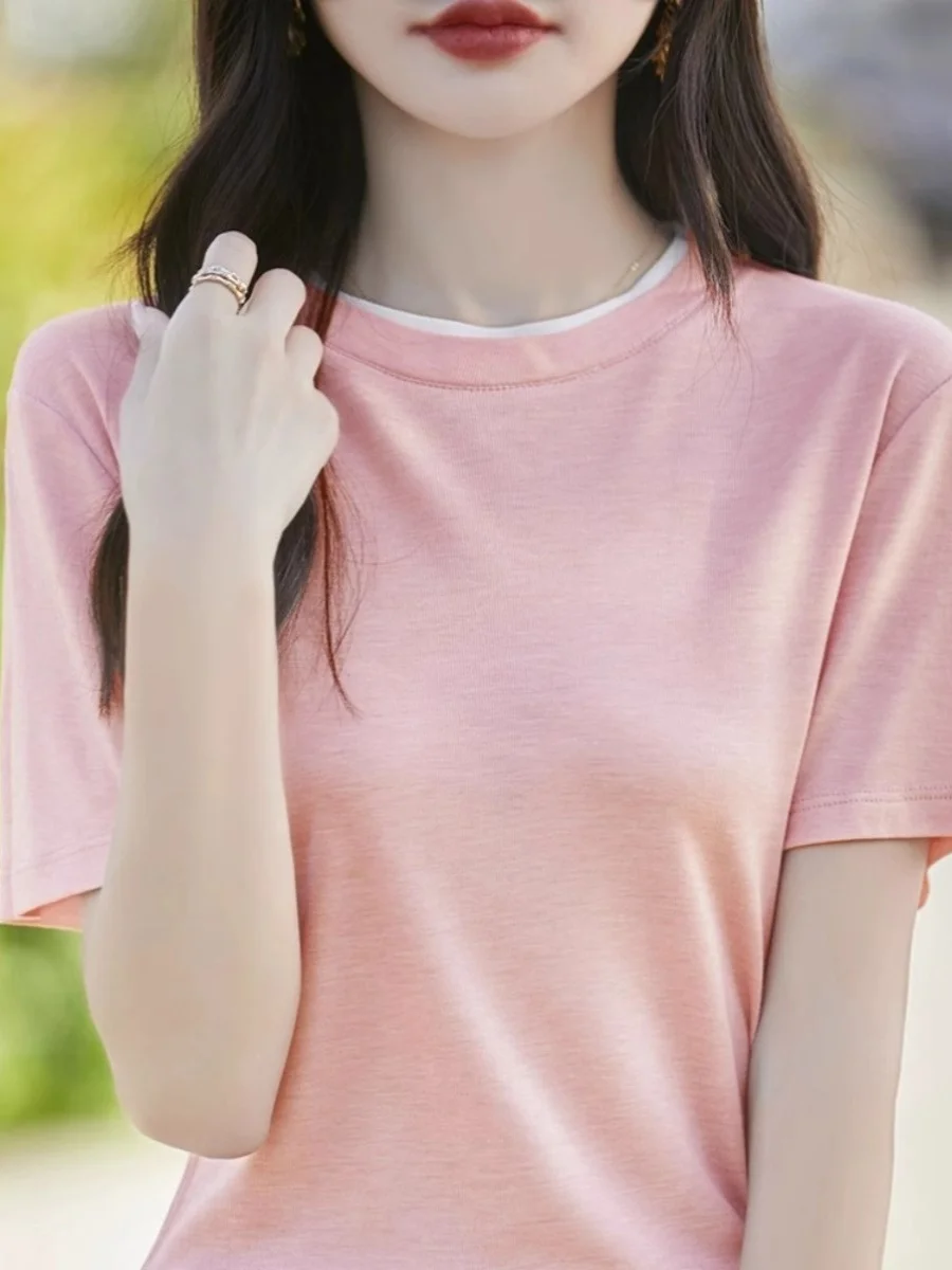 Элегантная футболка с короткими рукавами женская летняя 2024 новый базовый топ