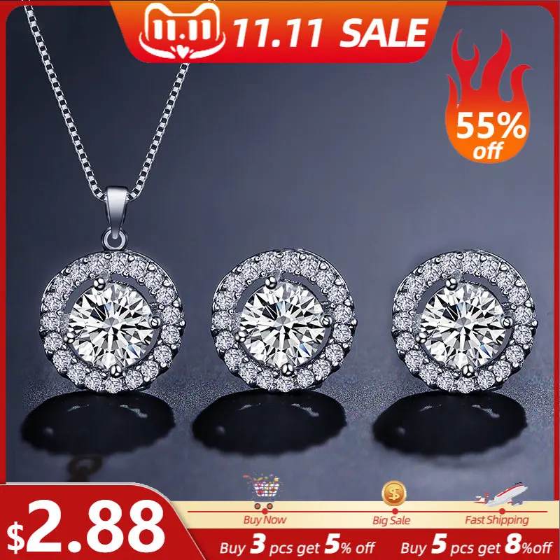 

JUNZI Fashion Exquisite White Round Zircon Necklace Earring Set for Women Sparkling Geometry CZ Crystal Bridal Wedding Jewelry
