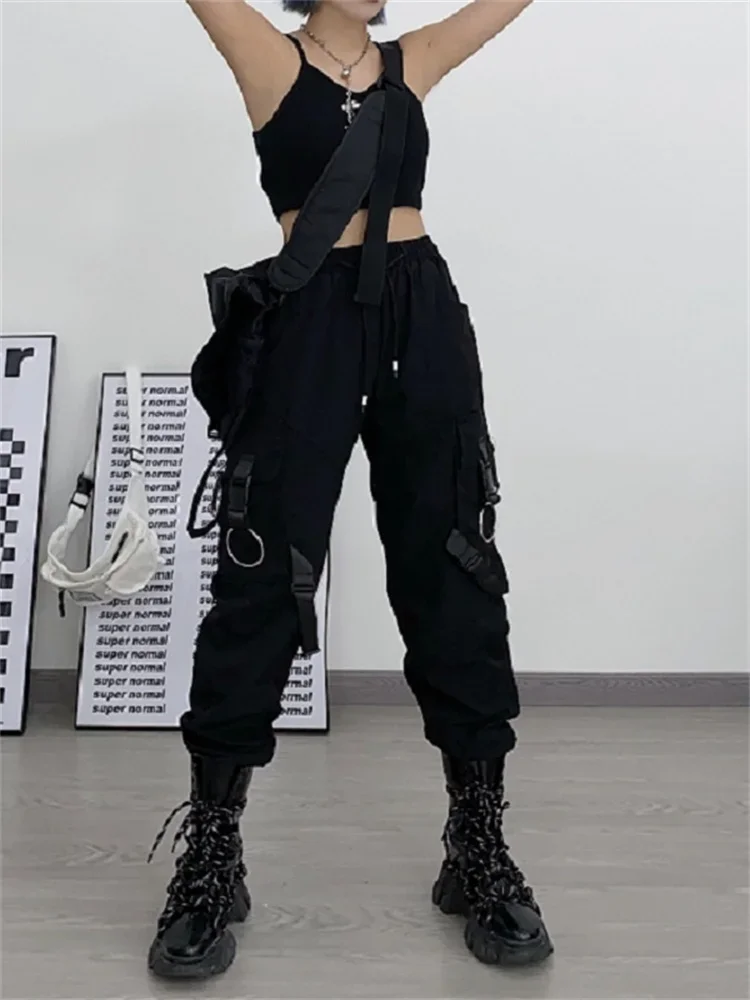 

QWEEK Gothic Punk Black Cargo Pants Women Pockets Hippie Streetwear Joggers Harajuku Techwear Oversize Trousers For Female