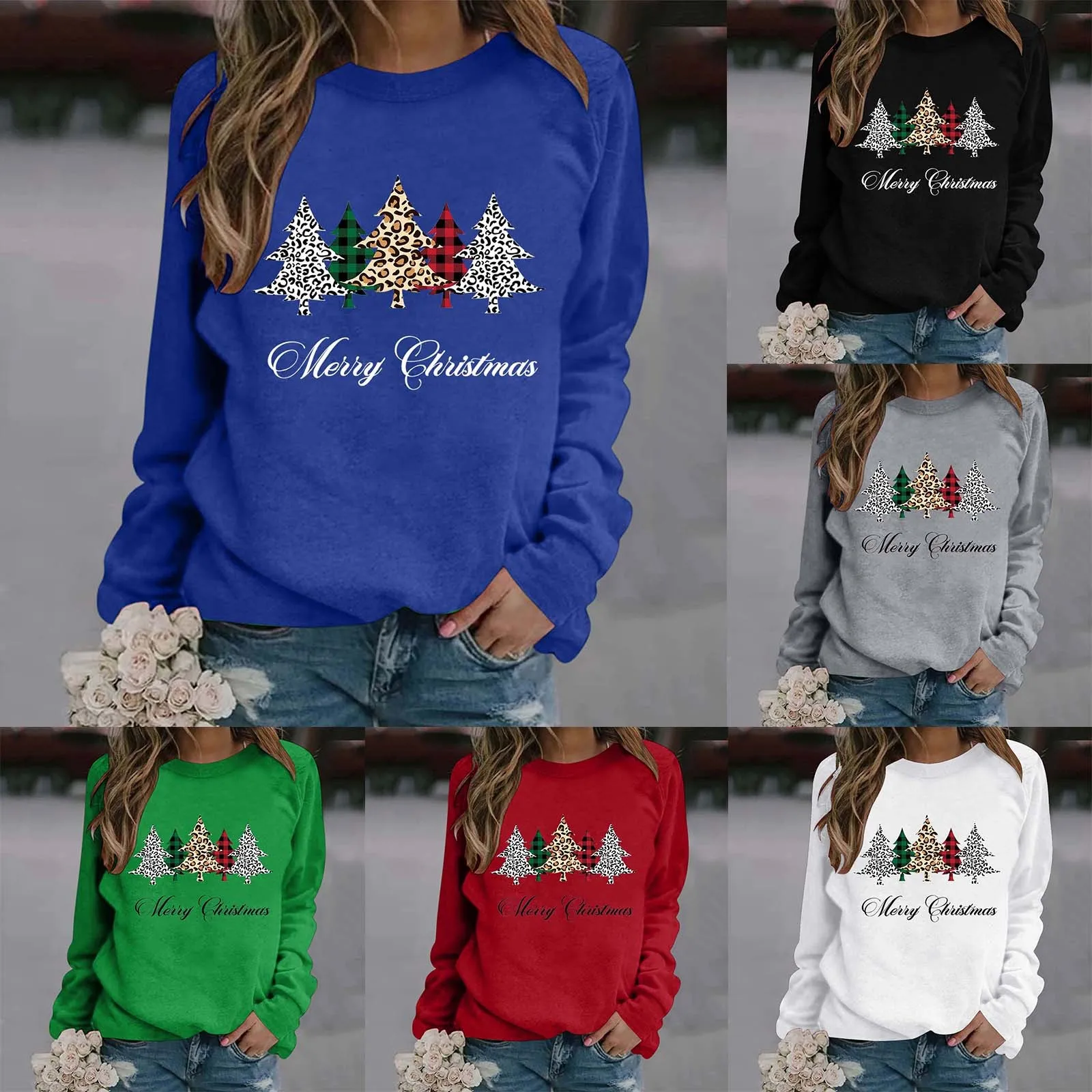 

Женские Брючные костюмы, женская модная повседневная толстовка с круглым вырезом и рукавами, с рождественским принтом, женская рубашка большого размера