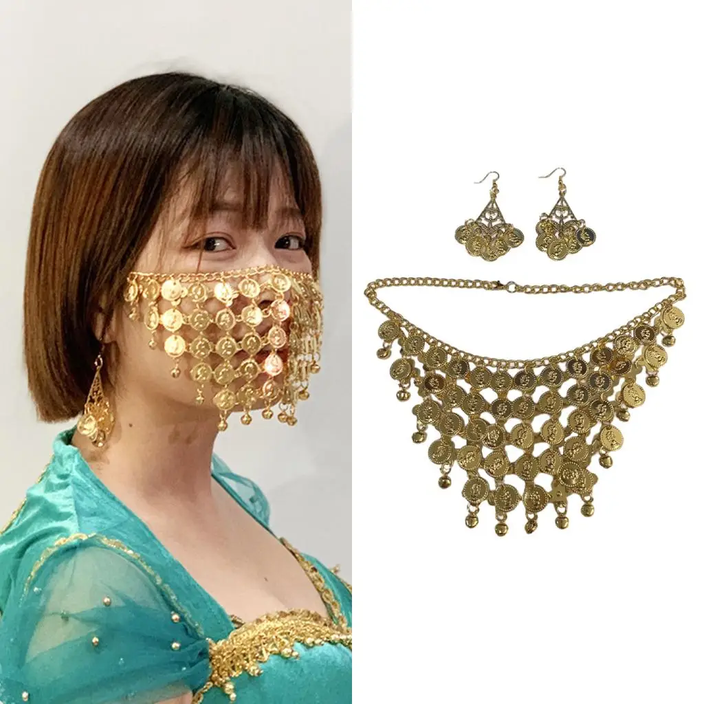 

Golden Belly Dance Face Veil Earrings Dancing Wear Face Dress up Face Scarf Fringe Halloween Headpiece Beautiful Tassels Mask