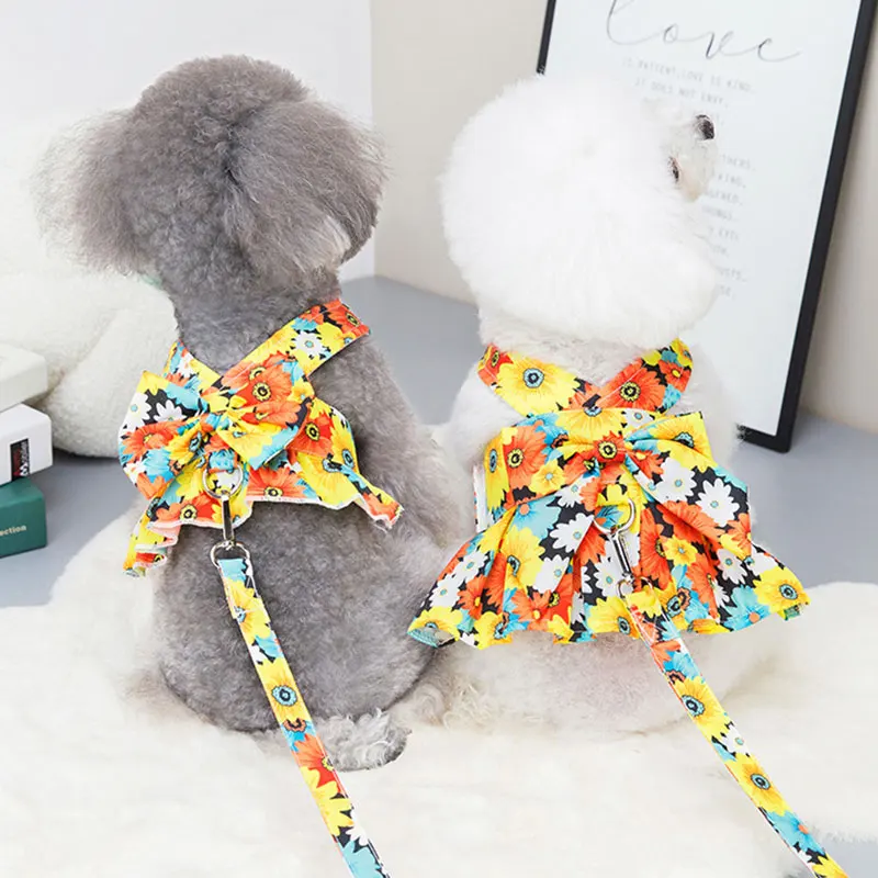 

Cute Bow Dog Pet Harness with Breast Strap Colorful Flower Print Tutu Dress Skirt For Small Medium Dogs Cat Clothes Harness Vest