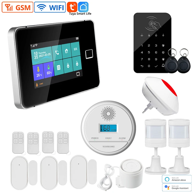 Home Security Alarm System 433MHz Door Sensor WiFi GSM Smart Tuya 4.3 Inch TFT Screen Fingerprint Arming Burglar System