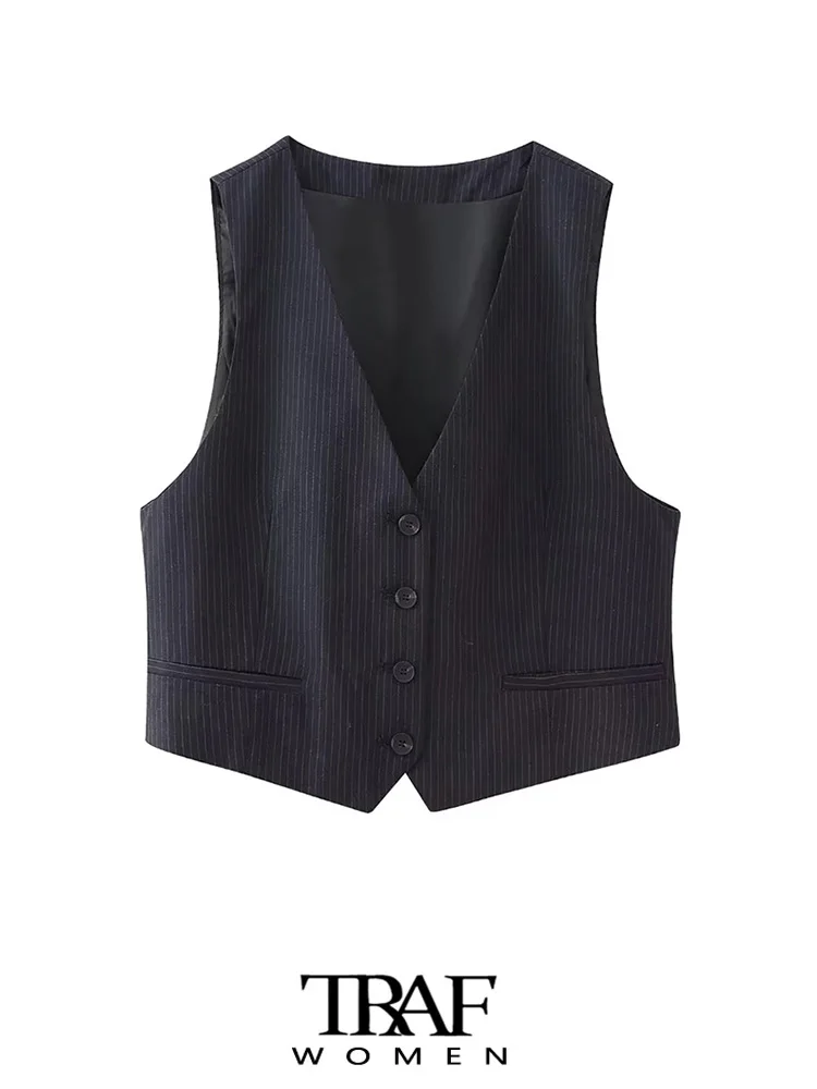 

Женский короткий жилет в полоску, без рукавов, с пуговицами спереди