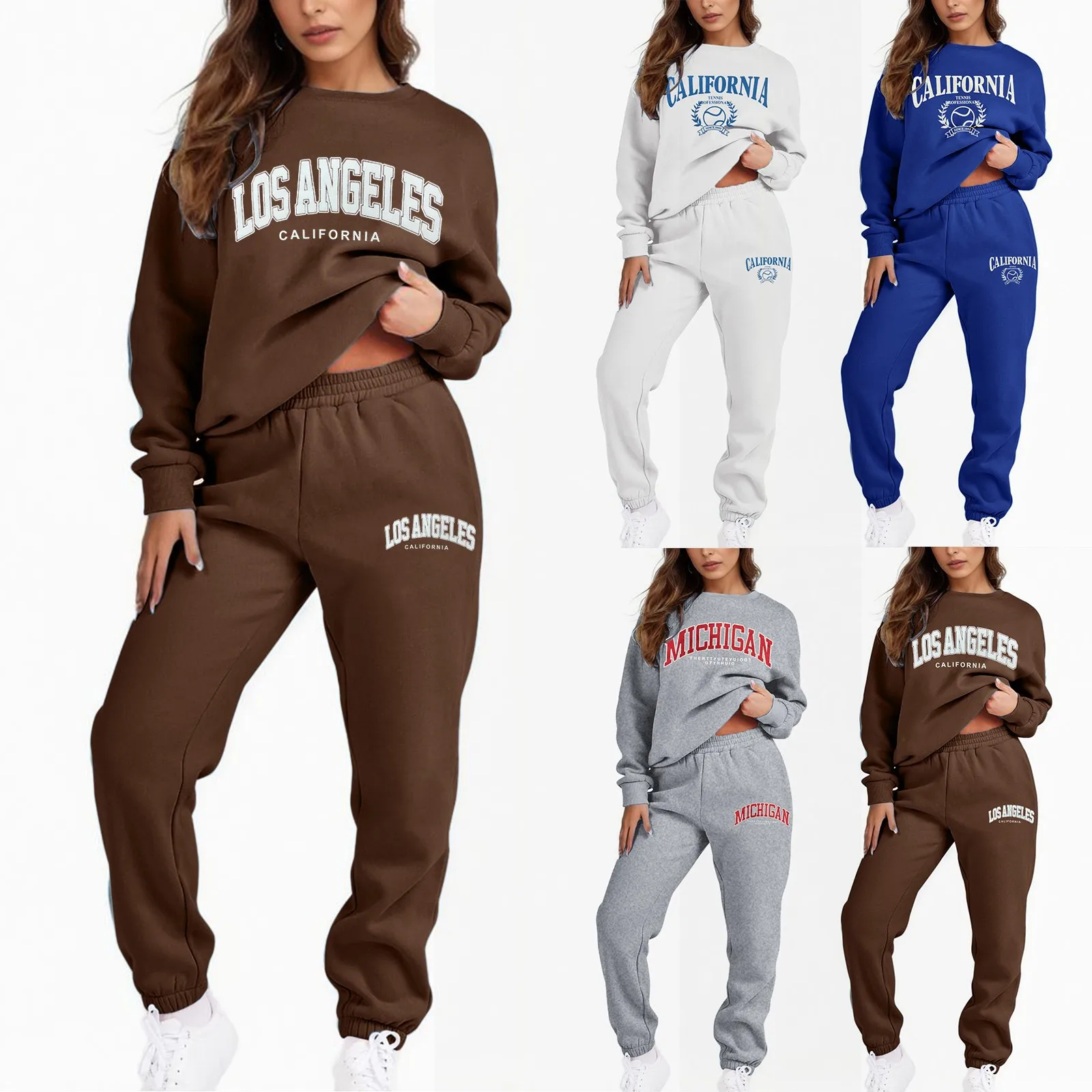 

Harajuku Letter Print Crew Neck Tracksuit Jogger Pants Set Women'S Two Piece Winter Warm Fleece Casual Sweatshirt + Sweetpants