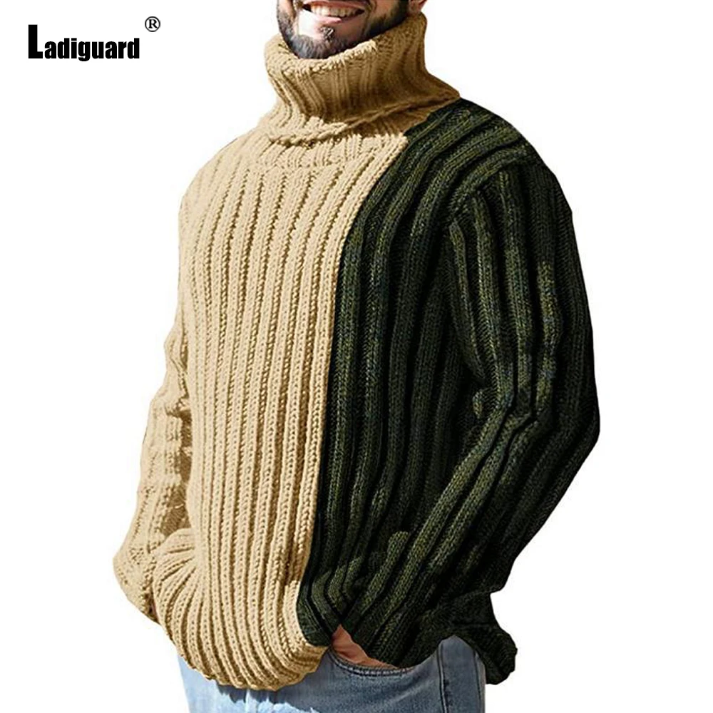 

Мужской вязаный свитер Ladiguard, зимние теплые пуловеры 2023, водолазка, модный топ, облегающие свитера с рюшами в стиле пэчворк, Мужская Уличная одежда
