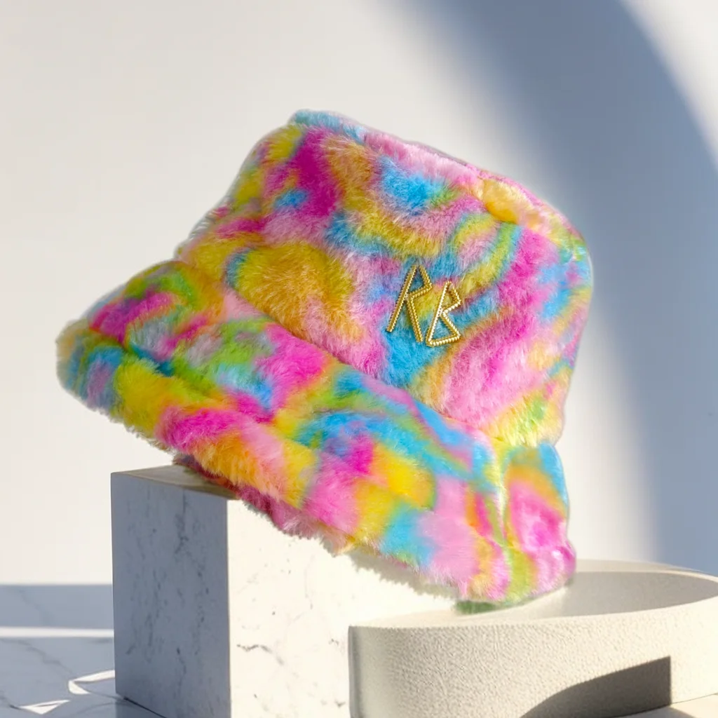 

Tie dyed autumn and winter Fur Bucket hat for men and women's outdoor ear protection and warmth Korean fashion fisherman hat