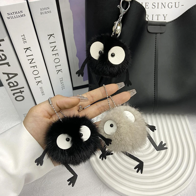 

100% Natural Mink Fur Plush Keychain Spirited Away Hayao Miyazaki My Neighbor Totoro Briquettes Elf Doll School Bag Key Chain