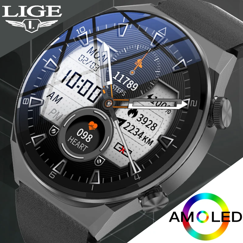 Lige Business Men Smart Watch Sports AMOLED 454*454 Screen NFC Access Control Smartwatch Bluetooth Call Clock Waterproof 2022
