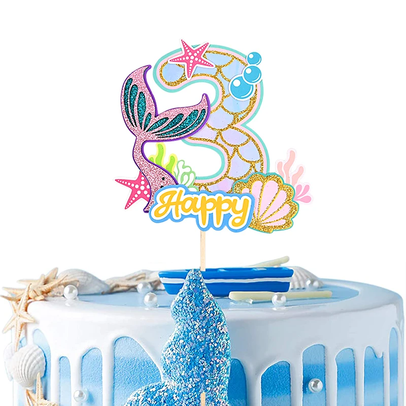 

1-9 Mermaid Tail Number Cake Topper Happy Birthday Cupcake Topper Kids Baby Shower Baking Supplies Wedding Party Cake Decoration
