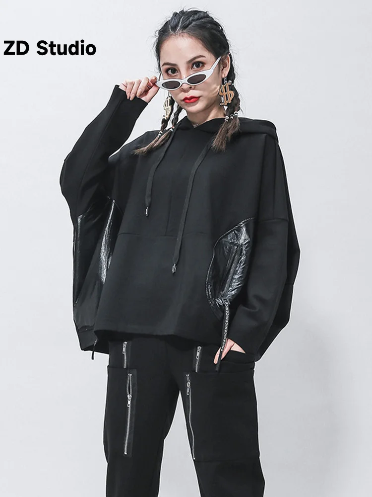 

[ZD Studio] Loose Fit Black Split Joint Pocket Sweatshirt New Round Neck Long Sleeve Women Size Fashion Spring Autumn 2023 1Z323