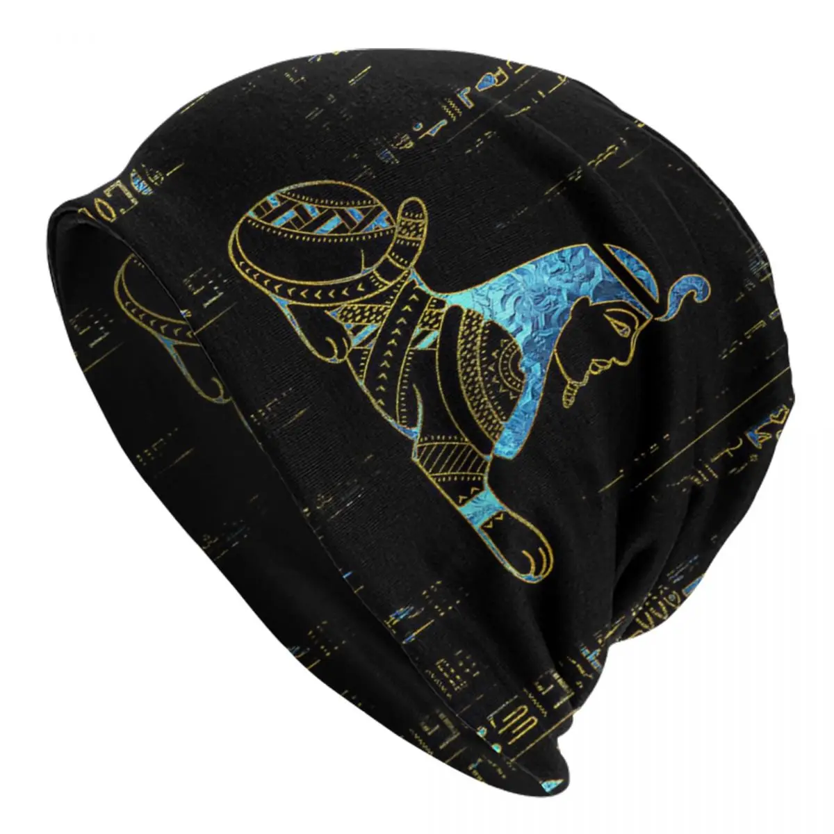 

Egyptian Sphinx On Hieroglyphics Blue Crystal And Gold Adult Men's Women's Knit Hat Keep warm winter Funny knitted hat